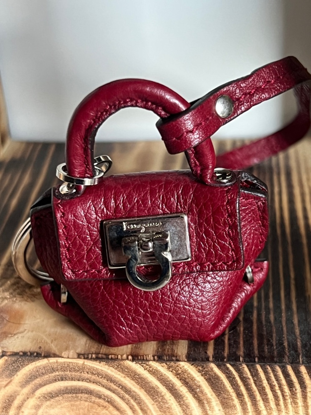 Salvatore Ferragamo Hug Mini Calfskin Leather Bag Charm / Keychain.